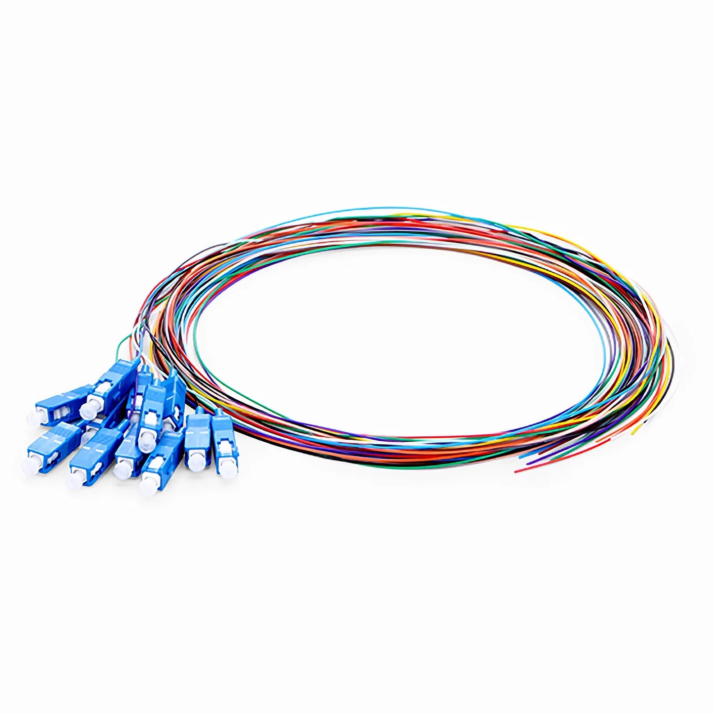 2m (7ft) Fiber Pigtail, SC UPC to Unterminated, 12 Fibers, Unjacketed Color-Coded, OS2 Single Mode, PVC (Unrated), 0.9mm, 12-Color