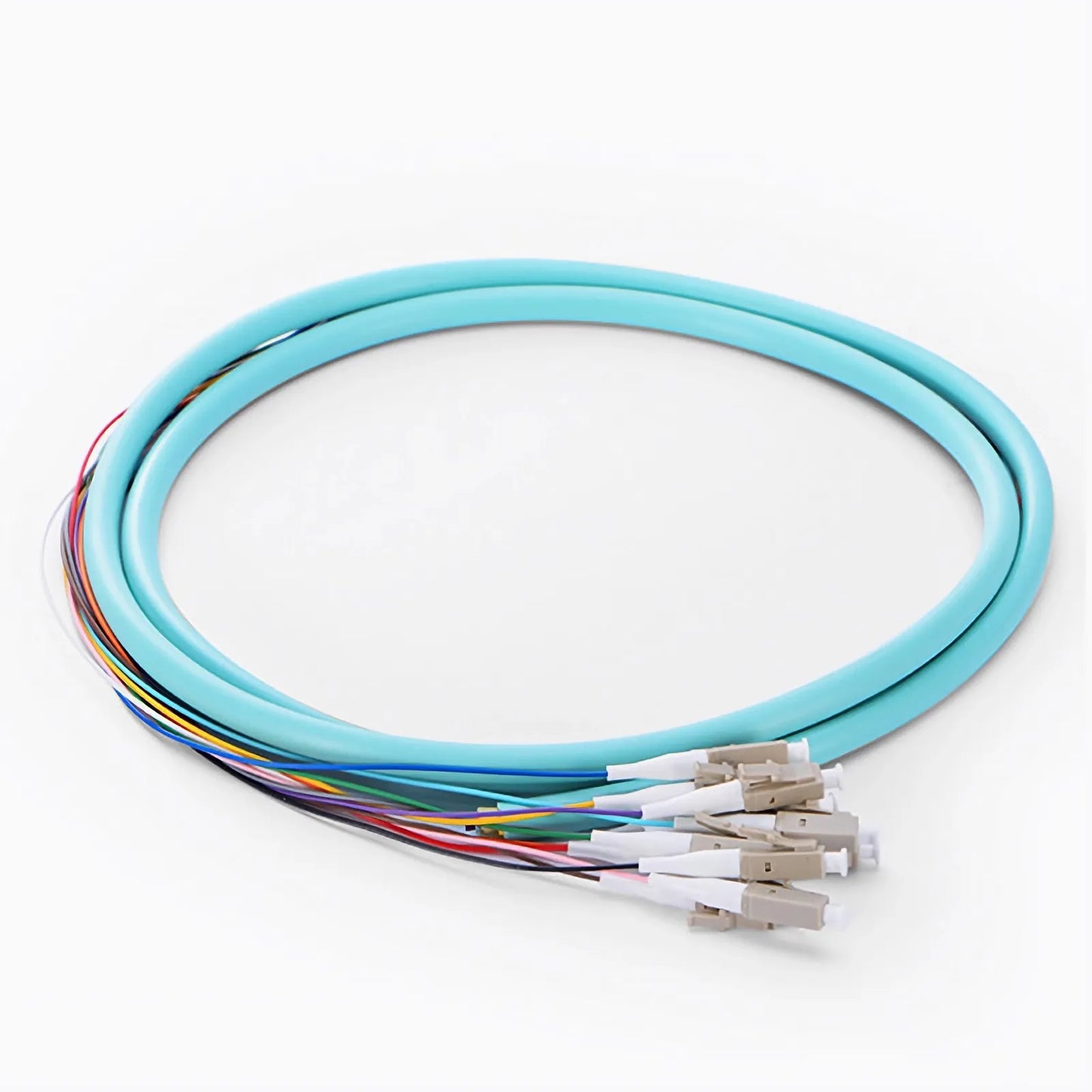 1.5m (5ft) Fiber Pigtail, LC UPC to Unterminated, 12 Fibers, Bunch, OM3 Multimode, PVC (Unrated), 0.9mm, Aqua