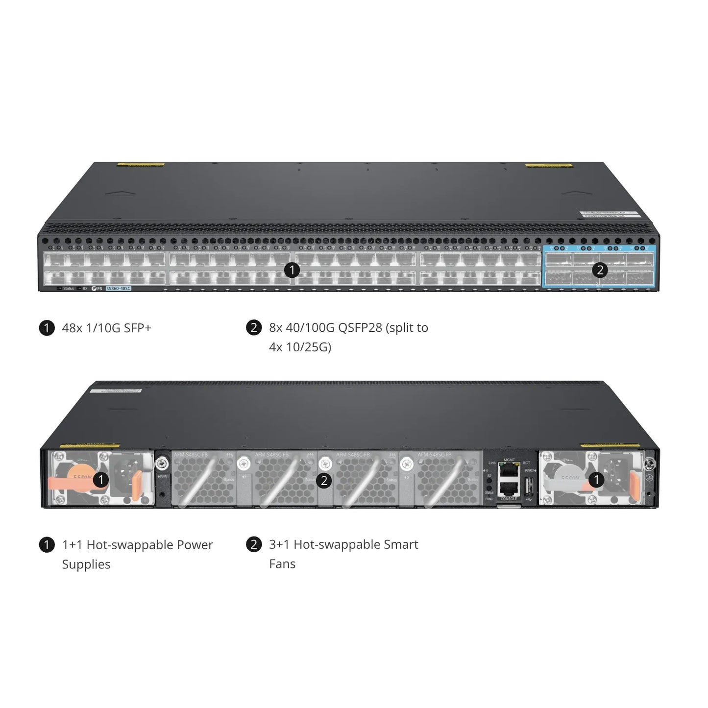 S5860-48SC, 48-Port Ethernet L3 Switch, 48 x 10Gb SFP+, with 8 x 100Gb QSFP28, Support Stacking, Broadcom Chip