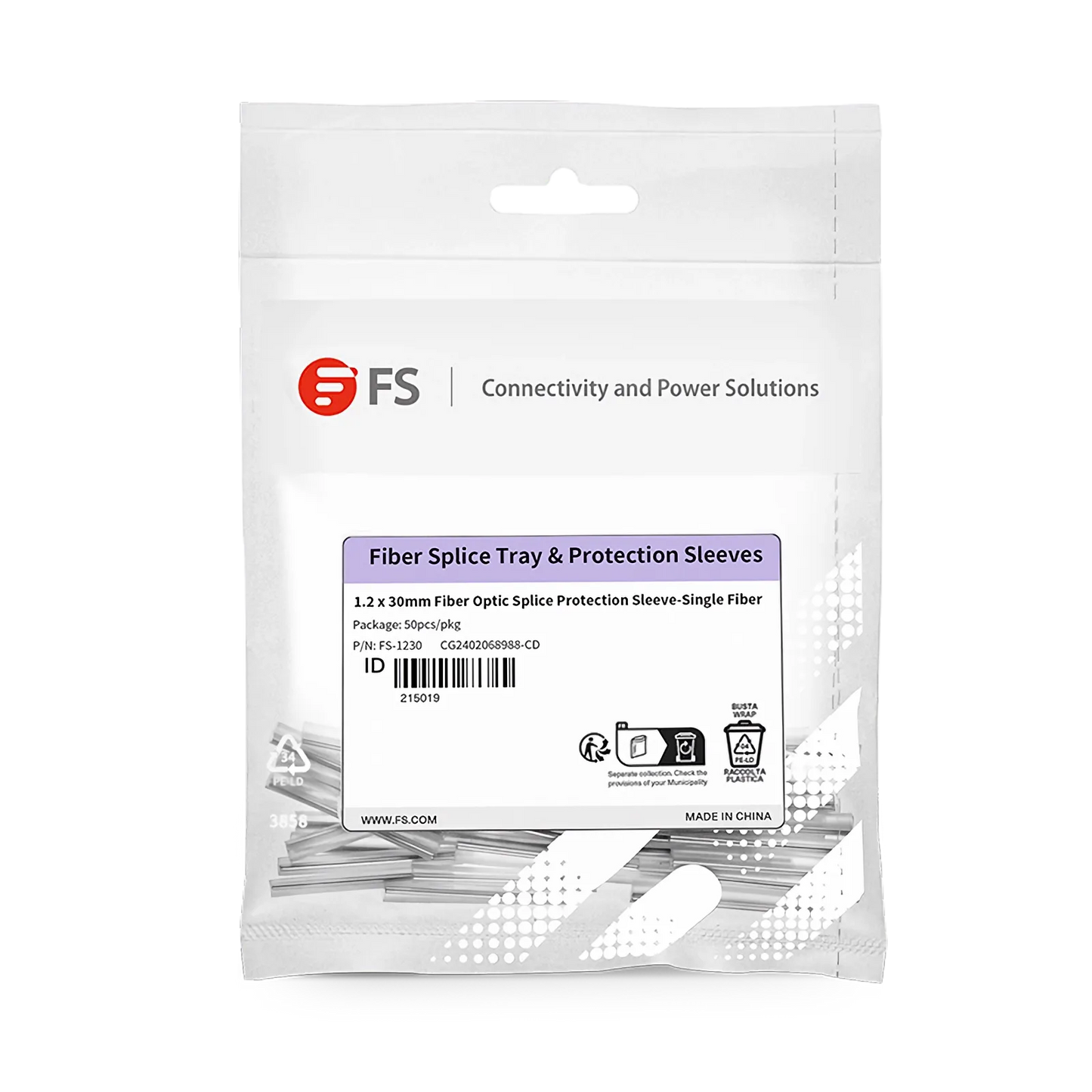 1.2 x 30mm Fiber Optic Splice Protection Sleeve, Single Fiber, 50pcs/pkg