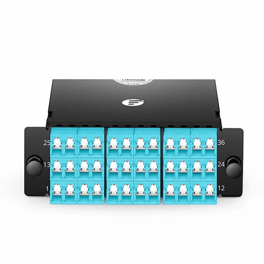 FHD™ MTP®-LC Cassette, OM4 Multimode, Type A, 36 Fibers, 3 x MTP®-12 (Male) to 18 x Shuttered LC Duplex (Aqua), 0.35dB Max.