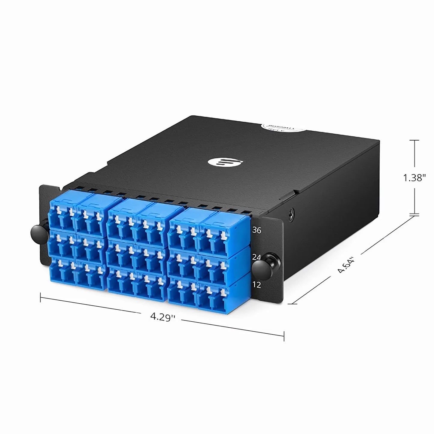 FHD™ MTP®-LC Cassette, OS2 Single Mode, Type AF, 36 Fibers, 3 x MTP®-12 (Male) to 18 x Shuttered LC Duplex (Blue), 0.35dB Max.