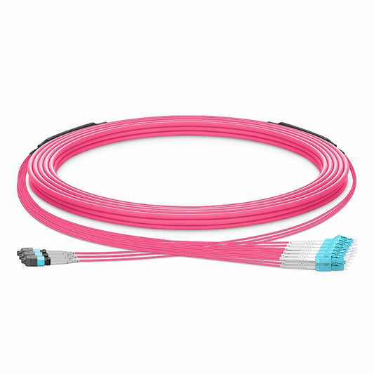 30m (98ft) MTP® Hybrid Trunk Cable, MTP®-8 UPC (Female) to 4 LC UPC Duplex Uniboot, 24 Fibers, Multimode (OM4), Plenum (OFNP), 0.20dB Max, Type B, Double Jacket, Magenta