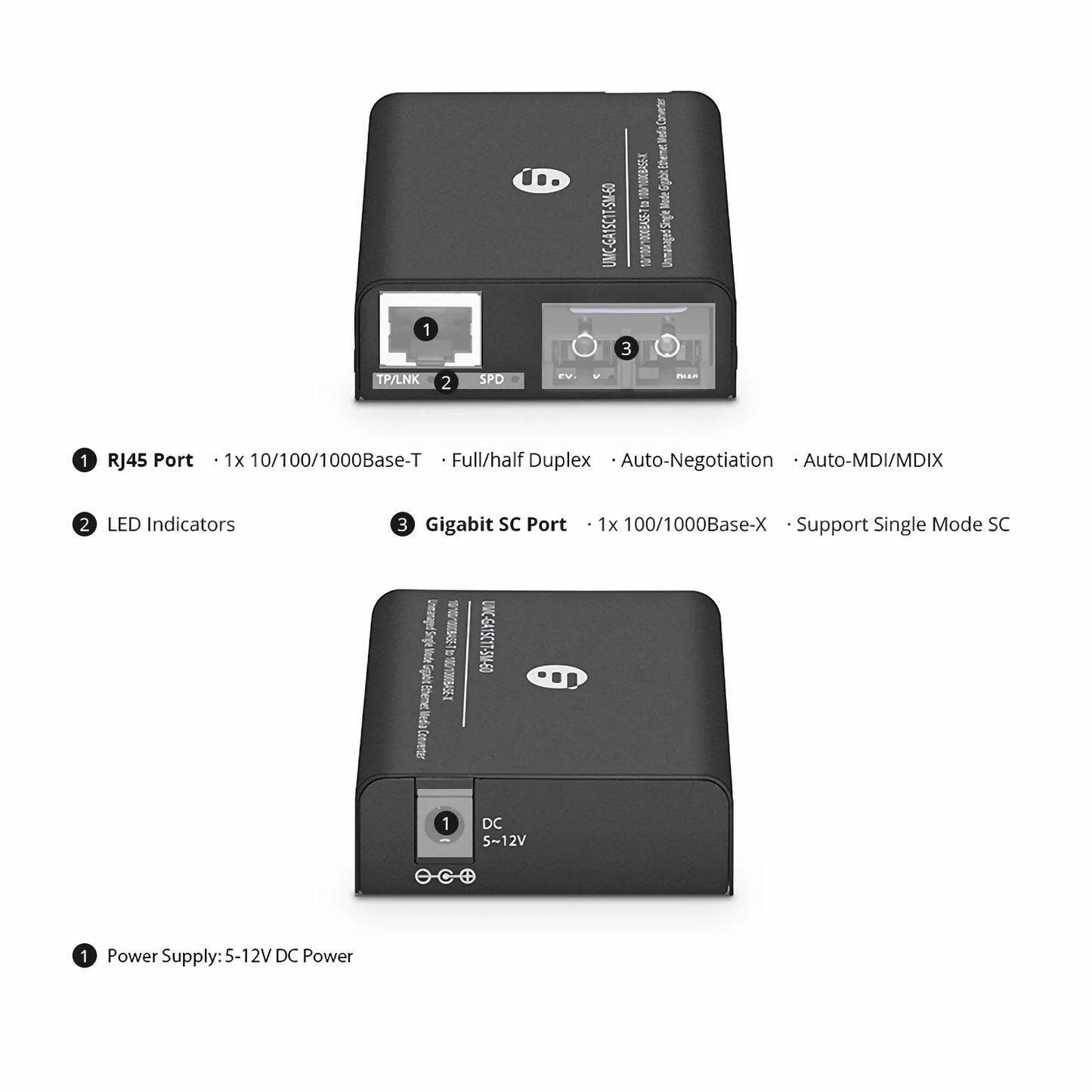 Mini Unmanaged 1x 10/100/1000Base-T RJ45 to 1x 100/1000Base-X Single Mode SC 1550nm 60km Gigabit Ethernet Media Converter, American Plug Standard