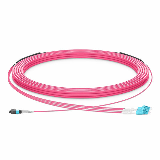 30m (98ft) MTP® Hybrid Trunk Cable, MTP®-8 UPC (Male) to 4 LC UPC Duplex Uniboot, 8 Fibers, Multimode (OM4), Plenum (OFNP), 0.20dB Max, Type B, Double Jacket, Magenta