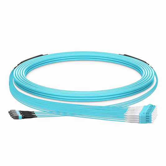 30m (98ft) MTP® Hybrid Trunk Cable, MTP®-12 UPC (Female) to 6 LC UPC Duplex Uniboot, 48 Fibers, Multimode (OM3), Plenum (OFNP), 0.20dB Max, Type B, Double Jacket, Aqua