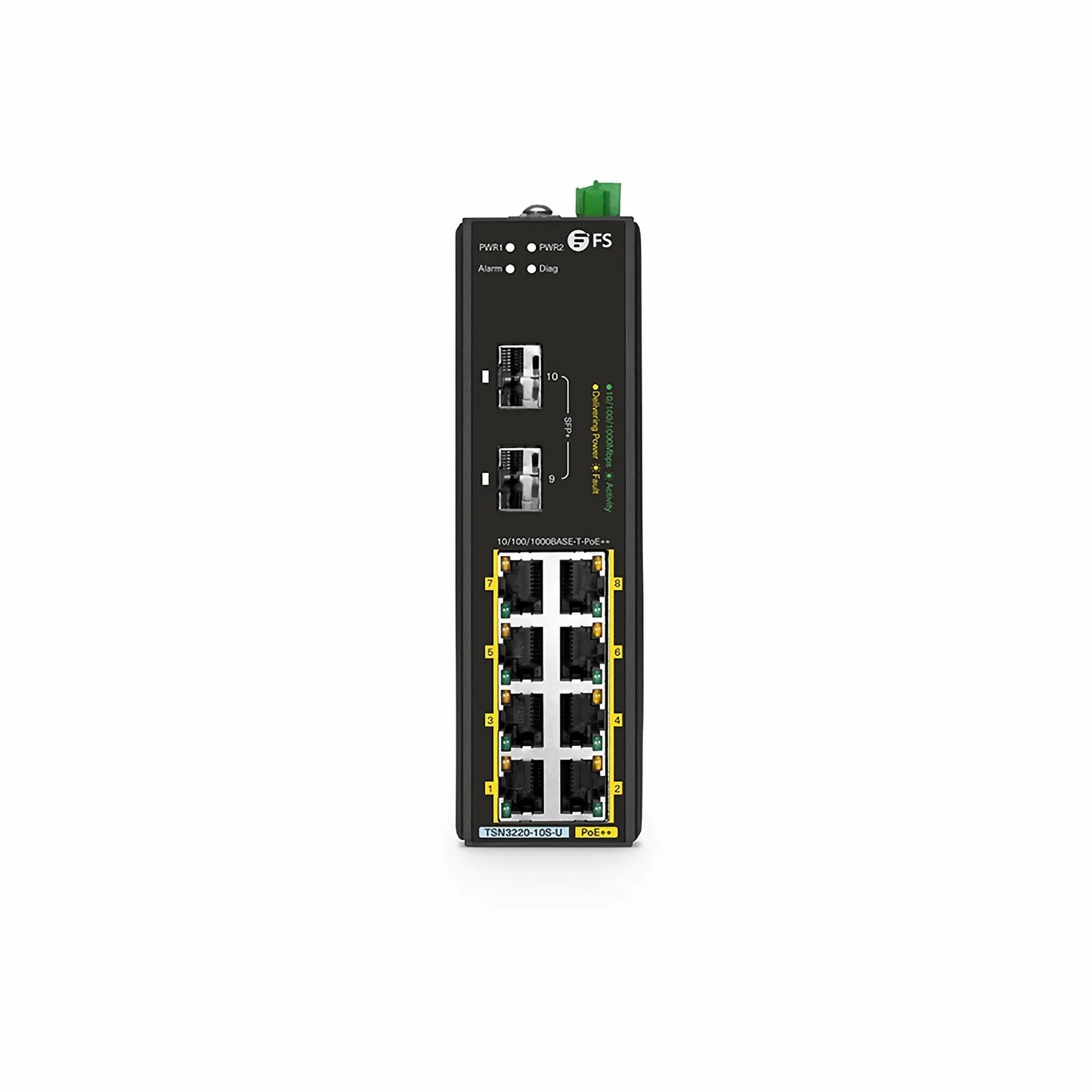 TSN3220-10S-U, 8-Port Gigabit Ethernet L2 Managed TSN Industrial PoE++ Switch, 8 x PoE++ Ports@360W, with 2 x 1/10Gb SFP+, -40 to 75°C Operating Temperature