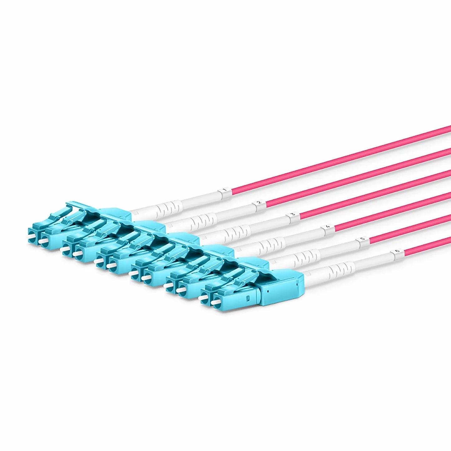 30m (98ft) MTP® Hybrid Trunk Cable, MTP®-12 UPC (Female) to 6 LC UPC Duplex Uniboot, 12 Fibers, Multimode (OM4), Plenum (OFNP), 0.20dB Max, Type B, Double Jacket, Magenta