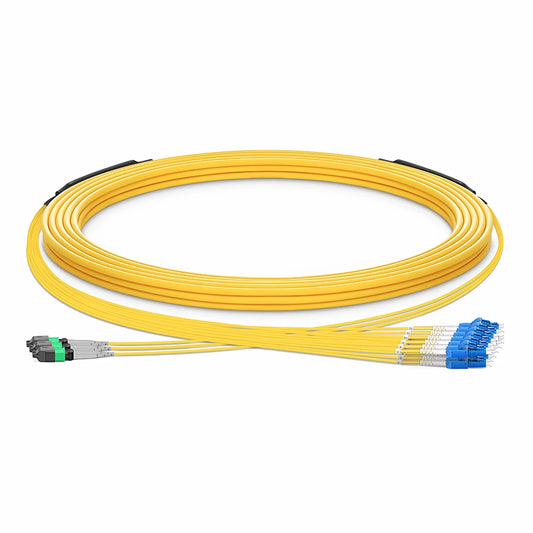 30m (98ft) MTP® Hybrid Trunk Cable, MTP®-8 APC (Male) to 4 LC UPC Duplex Uniboot, 24 Fibers, Single Mode (OS2), Plenum (OFNP), 0.35dB Max, Type B, Double Jacket, Yellow