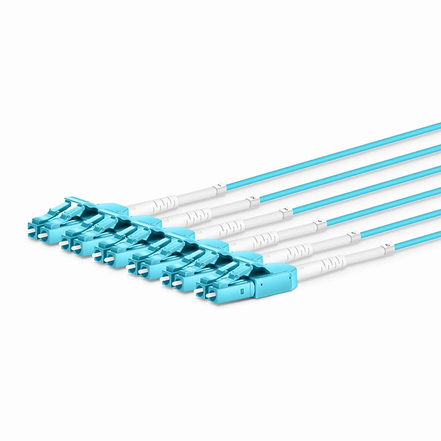30m (98ft) MTP® Hybrid Trunk Cable, MTP®-12 UPC (Female) to 6 LC UPC Duplex Uniboot, 12 Fibers, Multimode (OM3), Plenum (OFNP), 0.20dB Max, Type B, Double Jacket, Aqua