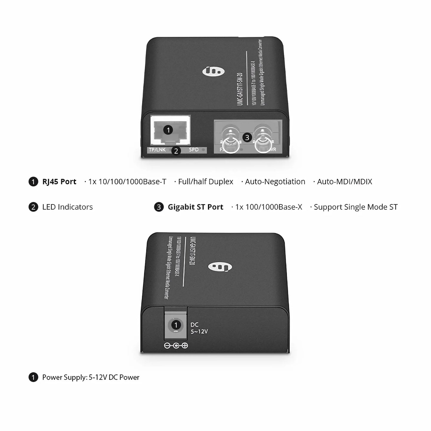 Mini Unmanaged 1x 10/100/1000Base-T RJ45 to 1x 100/1000Base-X Single Mode ST 1310nm 20km Gigabit Ethernet Media Converter, American Plug Standard