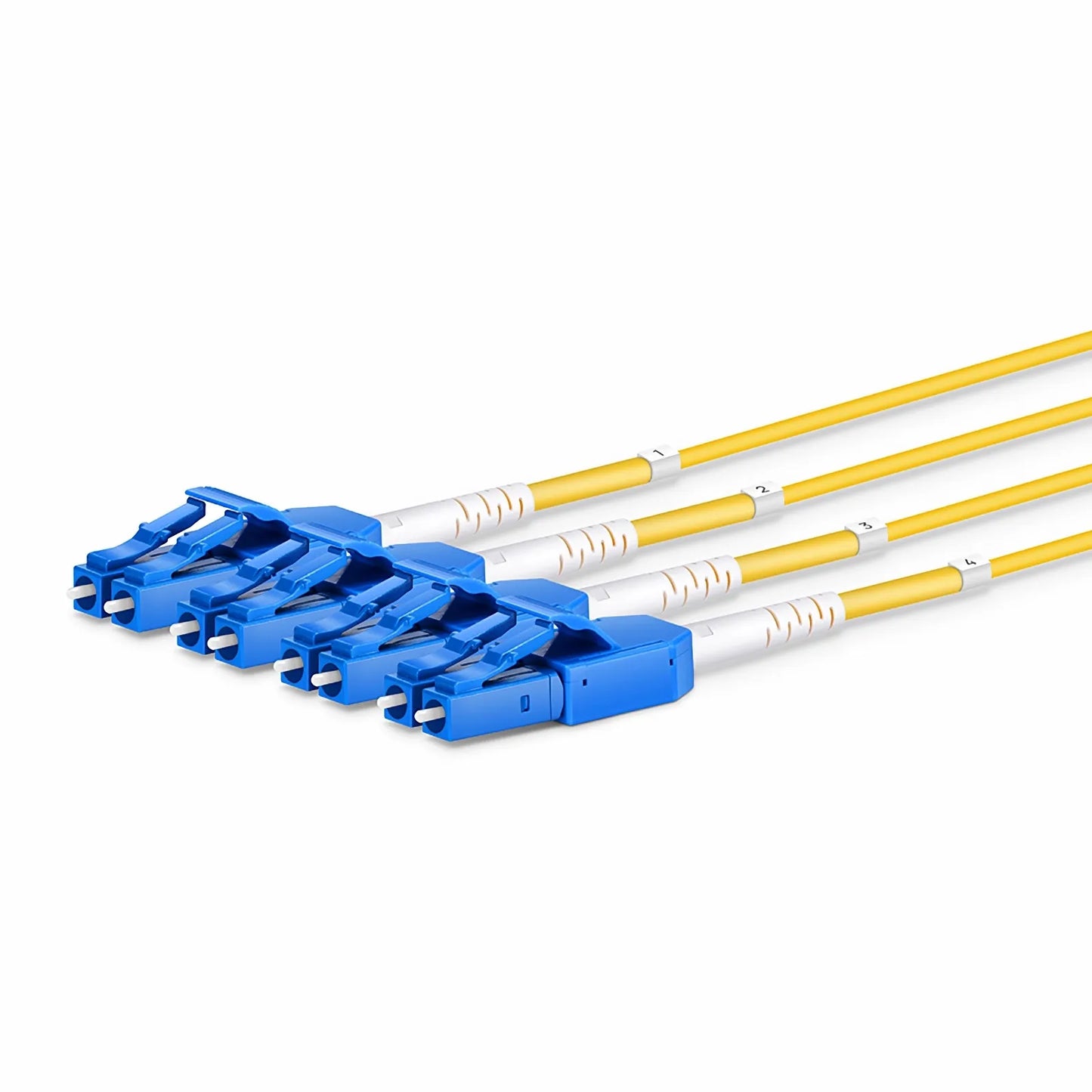 30m (98ft) MTP® Hybrid Trunk Cable, MTP®-8 APC (Female) to 4 LC UPC Duplex Uniboot, 8 Fibers, Single Mode (OS2), Plenum (OFNP), 0.35dB Max, Type B, Double Jacket, Yellow