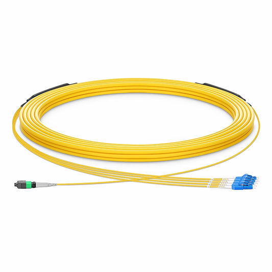 30m (98ft) MTP® Hybrid Trunk Cable, MTP®-8 APC (Male) to 4 LC UPC Duplex Uniboot, 8 Fibers, Single Mode (OS2), Plenum (OFNP), 0.35dB Max, Type B, Double Jacket, Yellow