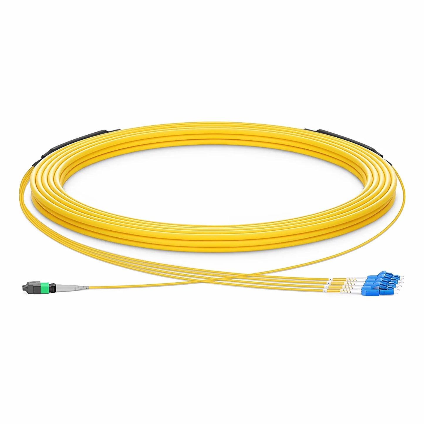 30m (98ft) MTP® Hybrid Trunk Cable, MTP®-8 APC (Female) to 4 LC UPC Duplex Uniboot, 8 Fibers, Single Mode (OS2), Plenum (OFNP), 0.35dB Max, Type B, Double Jacket, Yellow