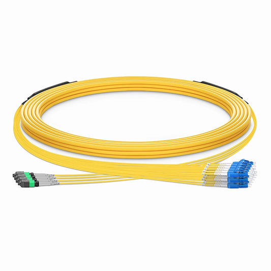30m (98ft) MTP® Hybrid Trunk Cable, MTP®-8 APC (Female) to 4 LC UPC Duplex Uniboot, 32 Fibers, Single Mode (OS2), Plenum (OFNP), 0.35dB Max, Type B, Double Jacket, Yellow