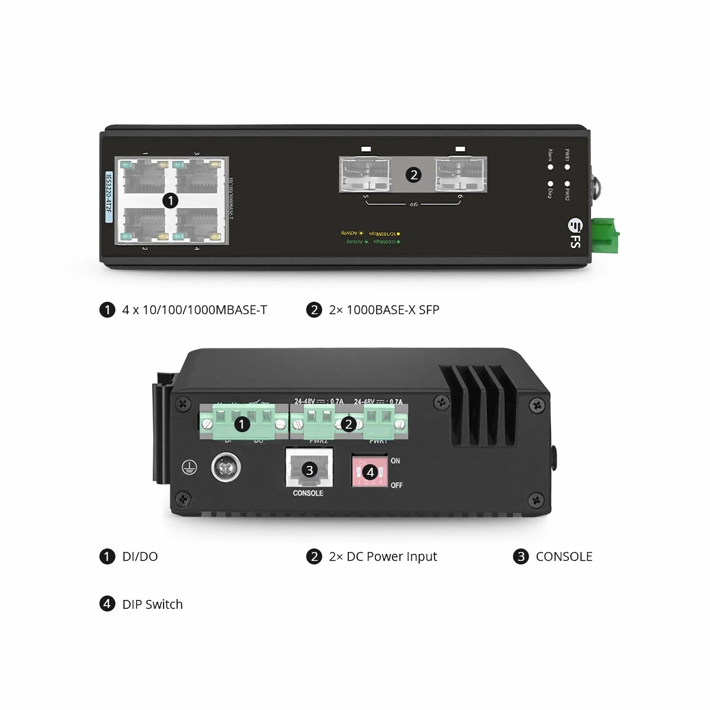 IES3220-4T2F, 4-Port Gigabit Ethernet L2+ Managed Industrial Switch, 4 x 10/100/1000BASE-T, with 2 x 1Gb SFP, -40 to 75°C Operating Temperature