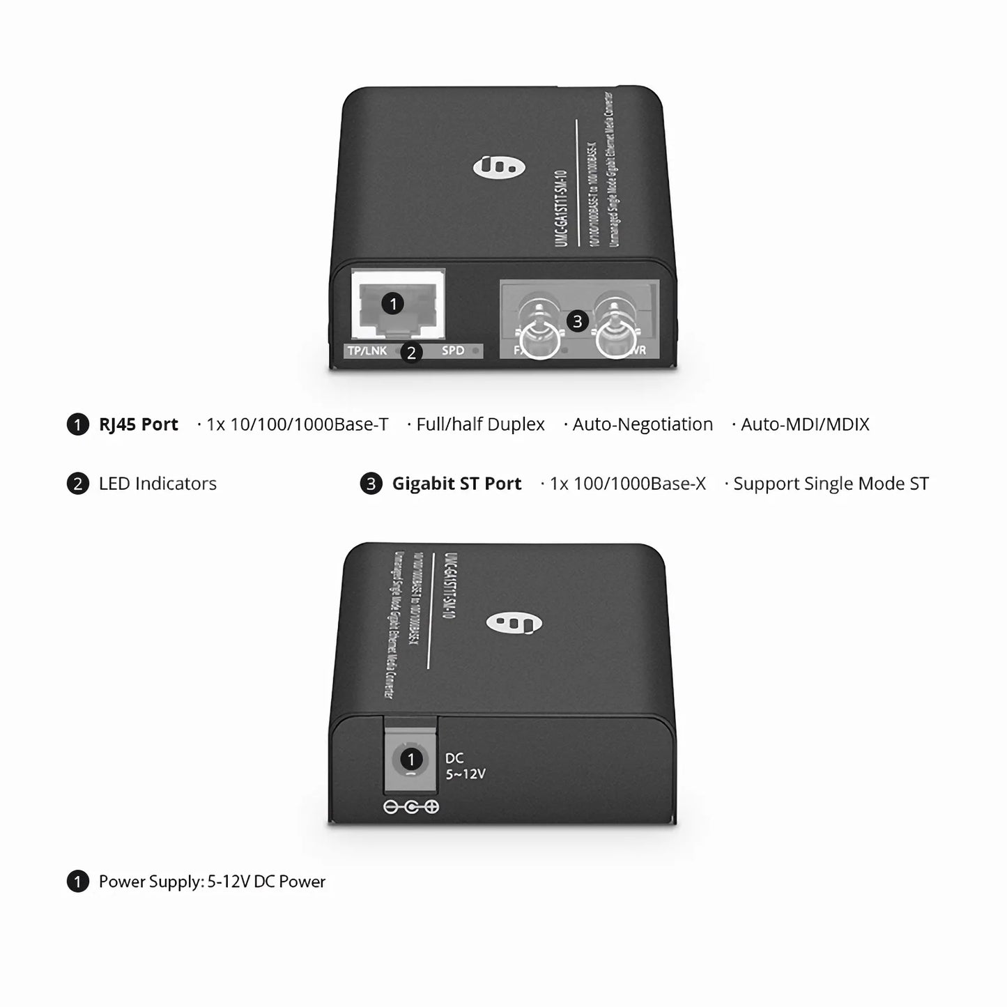 Mini Unmanaged 1x 10/100/1000Base-T RJ45 to 1x 100/1000Base-X Single Mode ST 1310nm 10km Gigabit Ethernet Media Converter, American Plug Standard