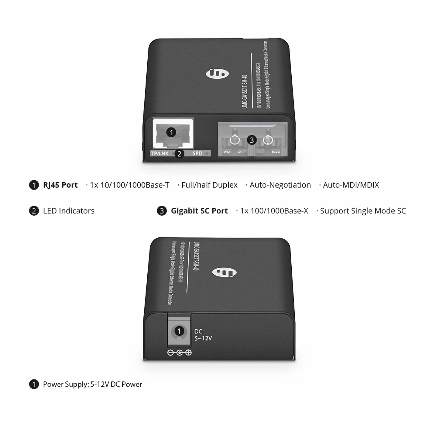Mini Unmanaged 1x 10/100/1000Base-T RJ45 to 1x 100/1000Base-X Single Mode SC 1310nm 40km Gigabit Ethernet Media Converter, American Plug Standard
