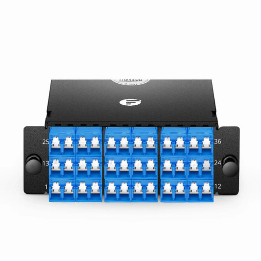FHD™ MTP®-LC Cassette, OS2 Single Mode, Type AF, 36 Fibers, 3 x MTP®-12 (Male) to 18 x Shuttered LC Duplex (Blue), 0.35dB Max.