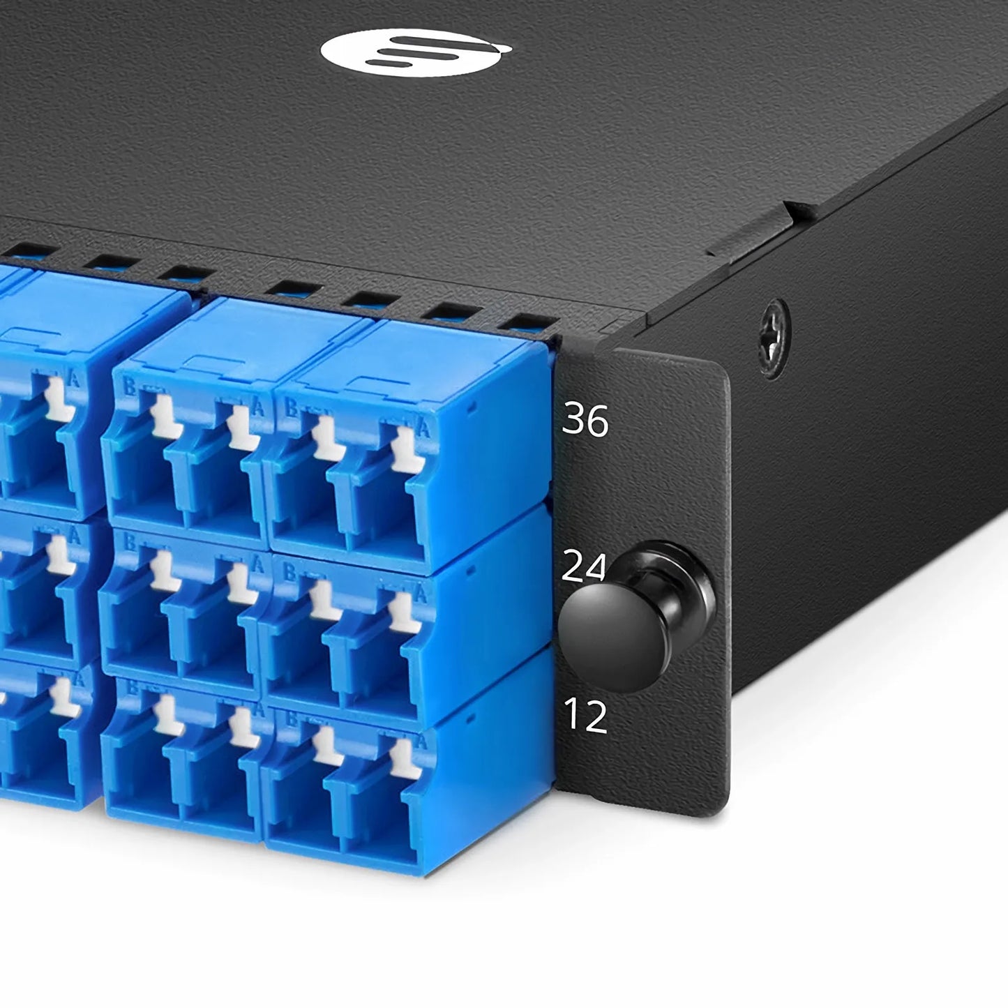 FHD™ MTP®-LC Cassette, OS2 Single Mode, Type A, 36 Fibers, 3 x MTP®-12 (Male) to 18 x Shuttered LC Duplex (Blue), 0.35dB Max.