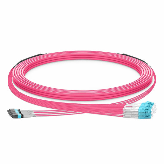 30m (98ft) MTP® Hybrid Trunk Cable, MTP®-8 UPC (Female) to 4 LC UPC Duplex Uniboot, 32 Fibers, Multimode (OM4), Plenum (OFNP), 0.20dB Max, Type B, Double Jacket, Magenta