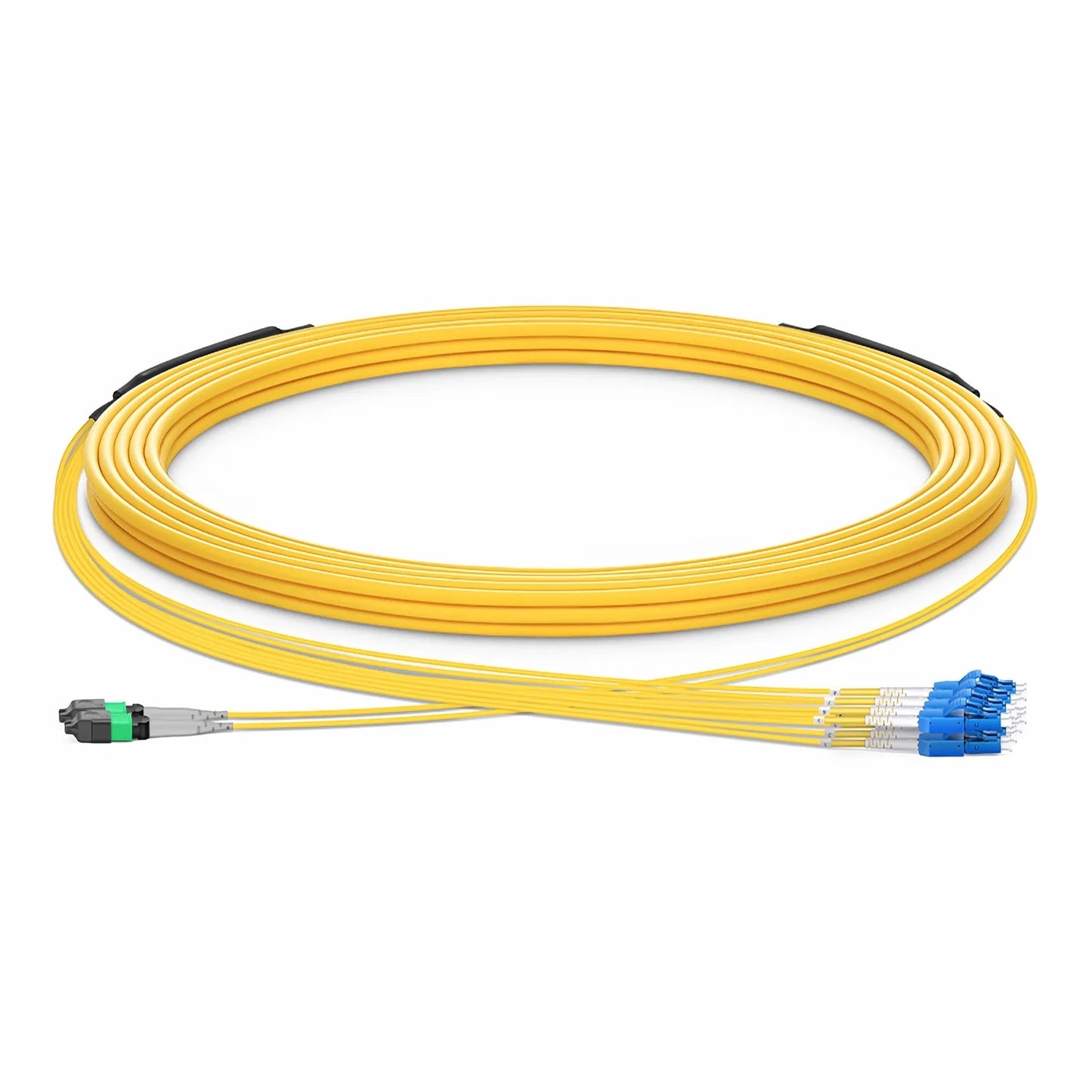 30m (98ft) MTP® Hybrid Trunk Cable, MTP®-8 APC (Male) to 4 LC UPC Duplex Uniboot, 16 Fibers, Single Mode (OS2), Plenum (OFNP), 0.35dB Max, Type B, Double Jacket, Yellow