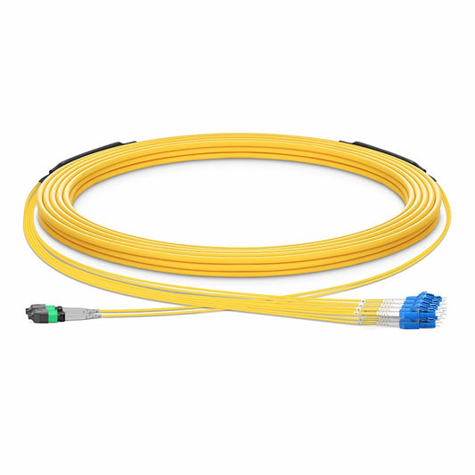 30m (98ft) MTP® Hybrid Trunk Cable, MTP®-8 APC (Male) to 4 LC UPC Duplex Uniboot, 16 Fibers, Single Mode (OS2), Plenum (OFNP), 0.35dB Max, Type B, Double Jacket, Yellow