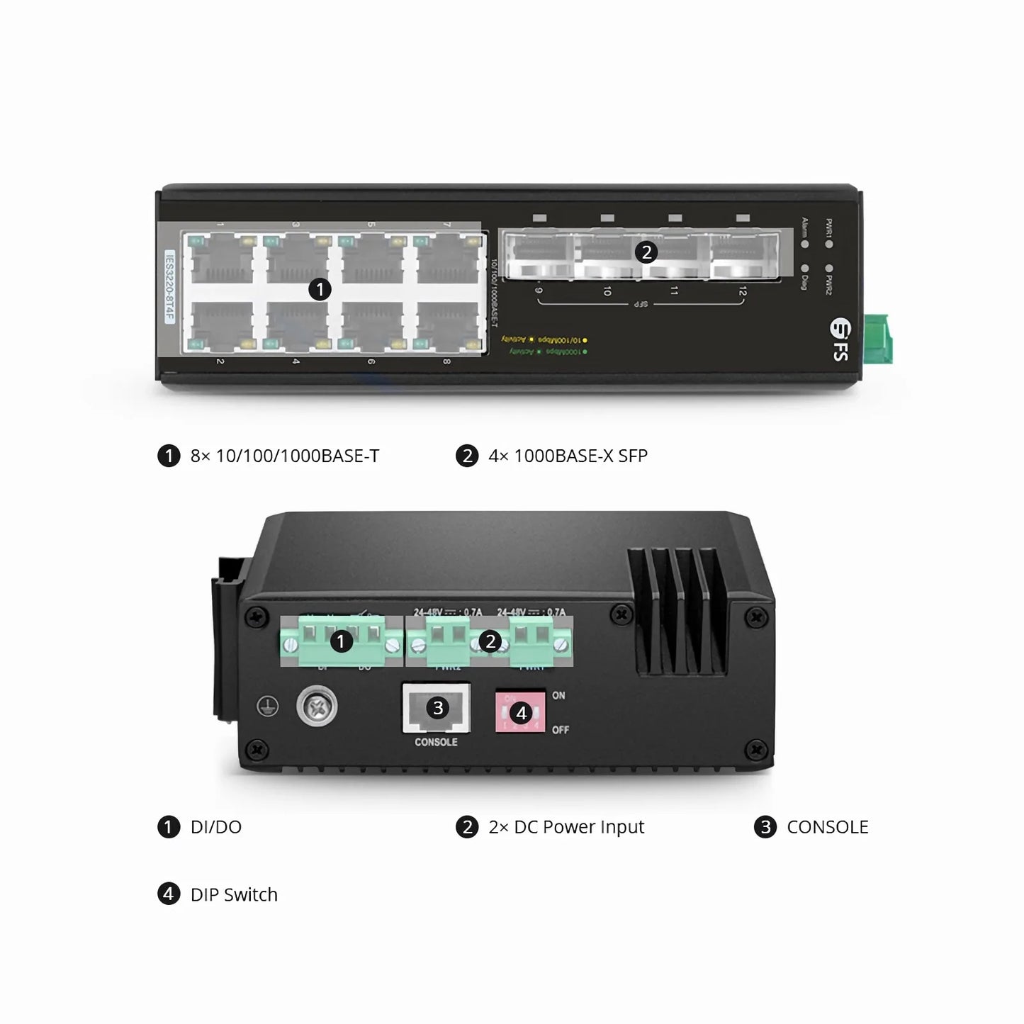 IES3220-8T4F, 8-Port Gigabit Ethernet L2+ Managed Industrial Switch, 8 x 10/100/1000BASE-T, with 4 x 1Gb SFP, -40 to 75°C Operating Temperature