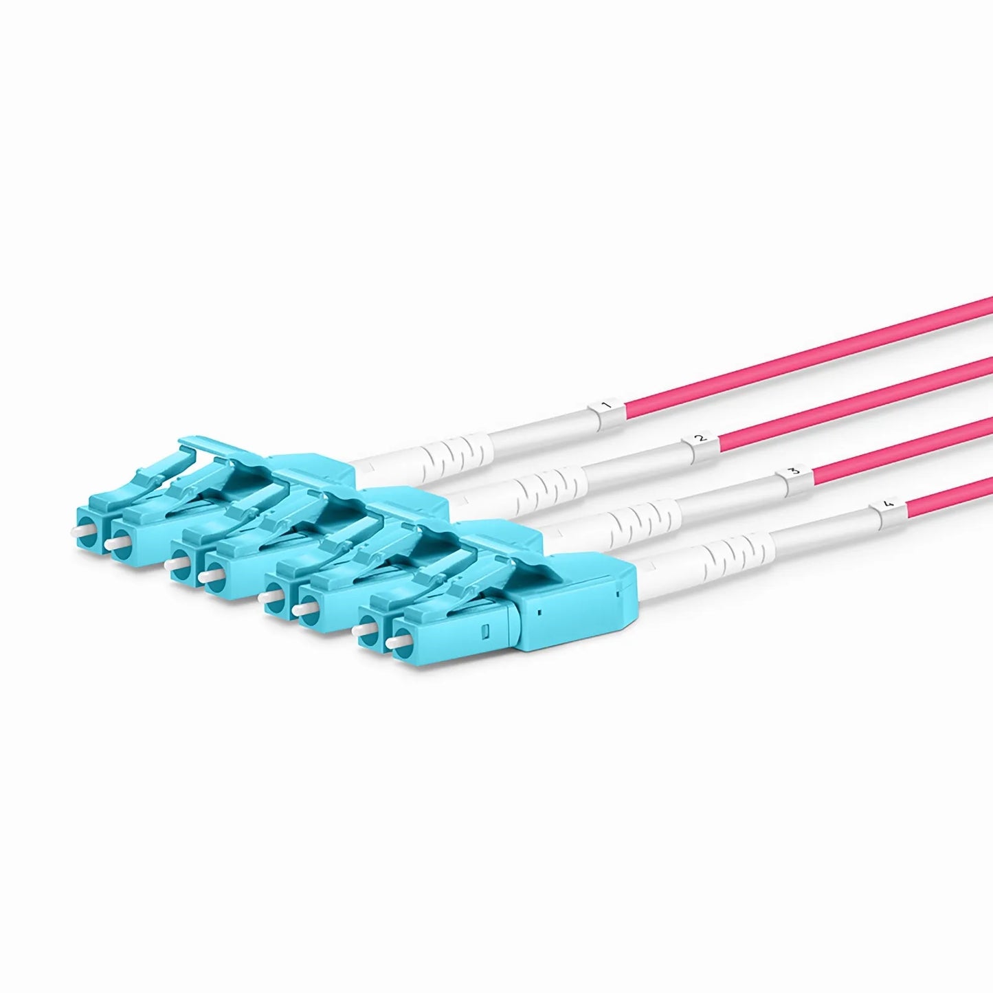 30m (98ft) MTP® Hybrid Trunk Cable, MTP®-8 UPC (Female) to 4 LC UPC Duplex Uniboot, 32 Fibers, Multimode (OM4), Plenum (OFNP), 0.20dB Max, Type B, Double Jacket, Magenta