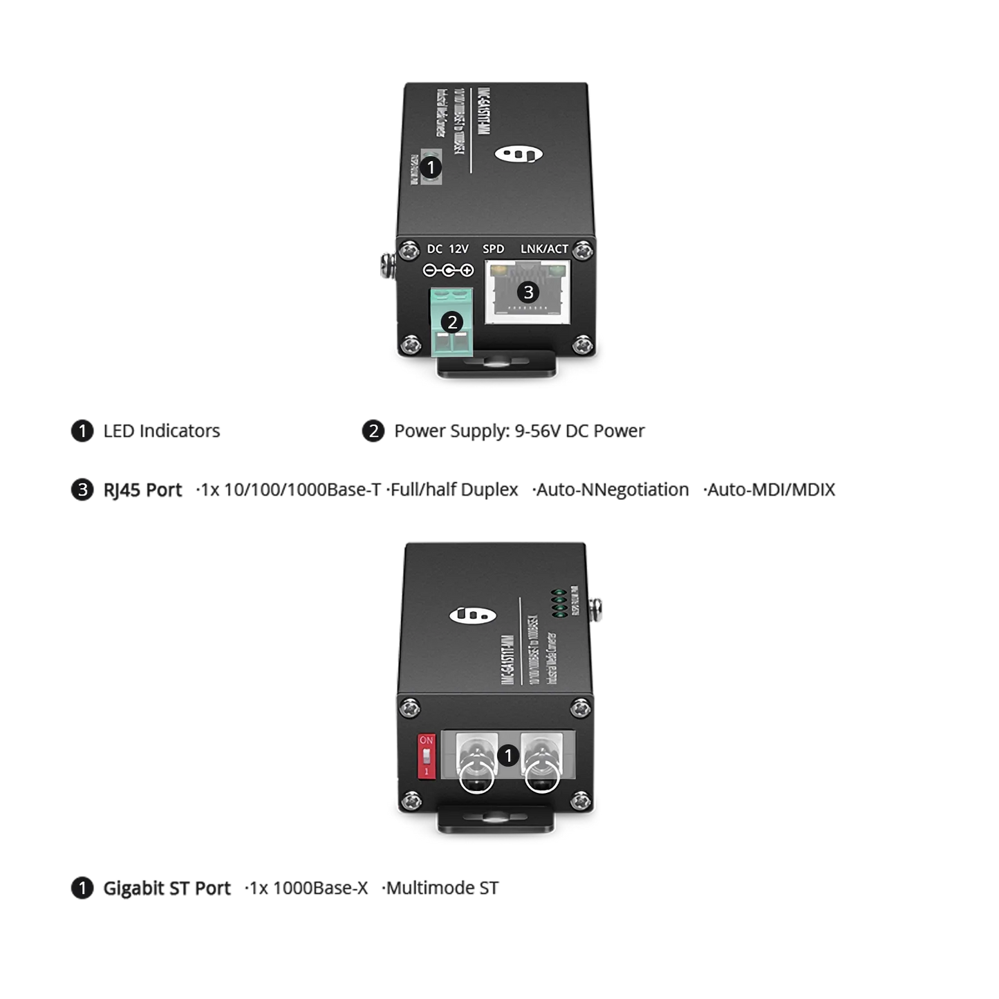 Mini Industrial 1x 10/100/1000Base-T RJ45 to 1x 1000Base-X Multimode ST 850nm 550m Gigabit Ethernet Media Converter, American Plug Standard