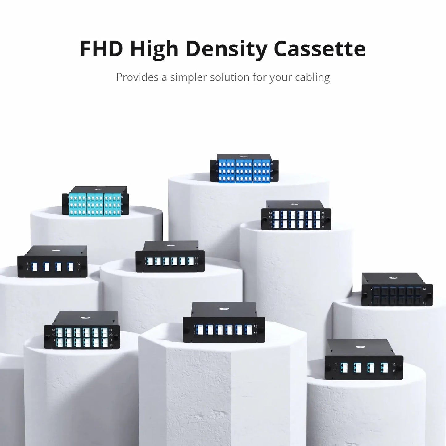 FHD™ MTP®-LC Cassette, OM4 Multimode, Type AF, 36 Fibers, 3 x MTP®-12 (Male) to 18 x Shuttered LC Duplex (Aqua), 0.35dB Max.