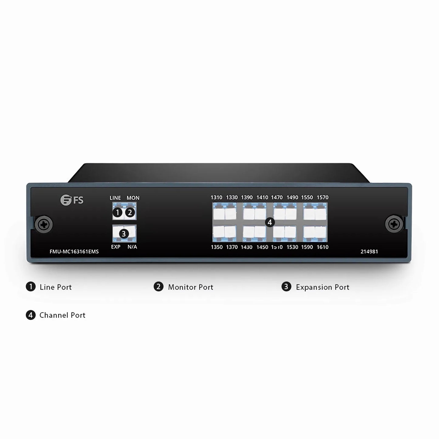 16 Channels CWDM Mux or Demux, 1310-1610nm, with Monitor and Expansion Port, 4.5dB Typical IL, LC/UPC, Single Fiber, FMU Plug-in Module