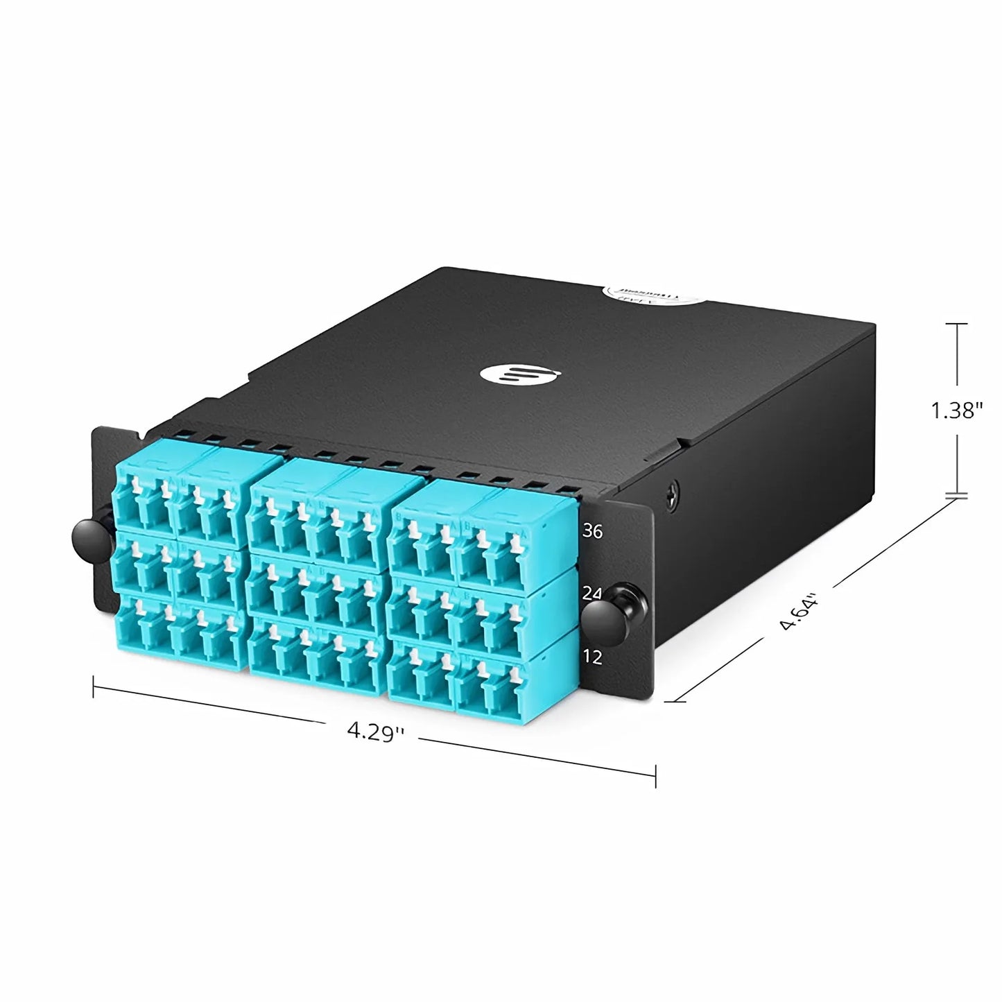 FHD™ MTP®-LC Cassette, OM4 Multimode, Type A, 36 Fibers, 3 x MTP®-12 (Male) to 18 x Shuttered LC Duplex (Aqua), 0.35dB Max.