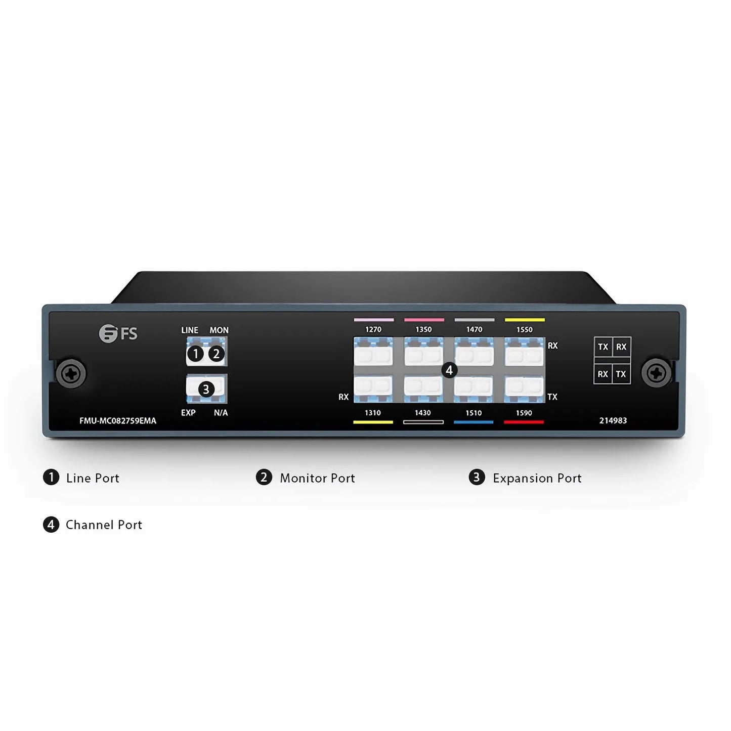 8 Channels CWDM Mux Demux, 1270-1590nm, with Monitor and Expansion Port, 4.5dB Typical IL, LC/UPC, Single Fiber, Side A, FMU Plug-in Module