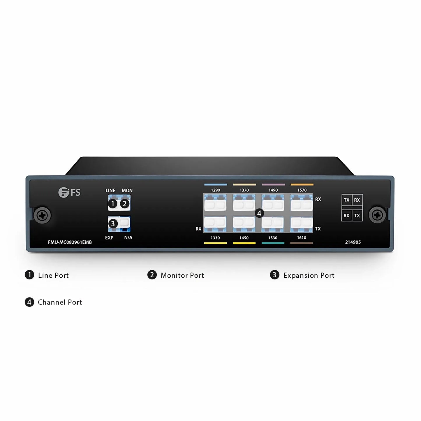 8 Channels CWDM Mux Demux, 1290-1610nm, with Monitor and Expansion Port, 4.5dB Typical IL, LC/UPC, Single Fiber, Side B, FMU Plug-in Module