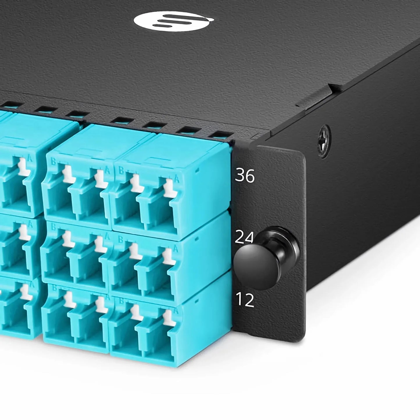 FHD™ MTP®-LC Cassette, OM4 Multimode, Type AF, 36 Fibers, 3 x MTP®-12 (Male) to 18 x Shuttered LC Duplex (Aqua), 0.35dB Max.