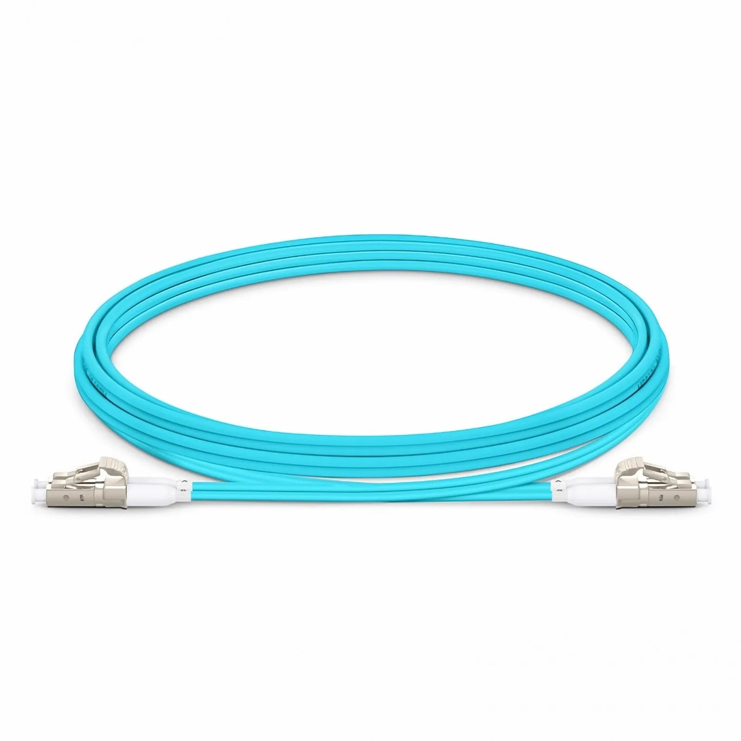 2m (7ft) Fiber Patch Cable, 2 Fibers, Short Boot, LC UPC Duplex to LC UPC Duplex, Multimode (OM3), Riser (OFNR), 2.0mm, Tight-Buffered, Aqua
