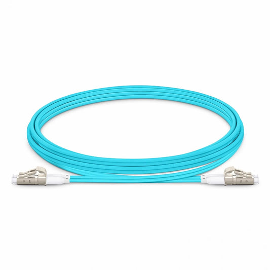 2m (7ft) Fiber Patch Cable, 2 Fibers, Short Boot, LC UPC Duplex to LC UPC Duplex, Multimode (OM3), Riser (OFNR), 2.0mm, Tight-Buffered, Aqua