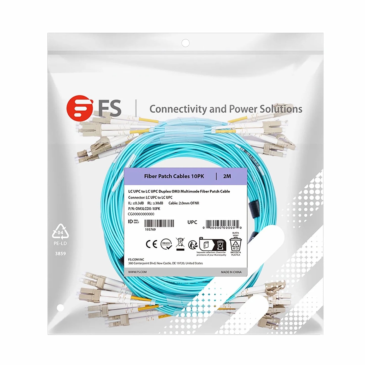 2m (7ft) Fiber Patch Cable, 2 Fibers, LC UPC Duplex to LC UPC Duplex, Multimode (OM3), Riser (OFNR), 2.0mm, Tight-Buffered, Aqua, 10 Pcs/Pack