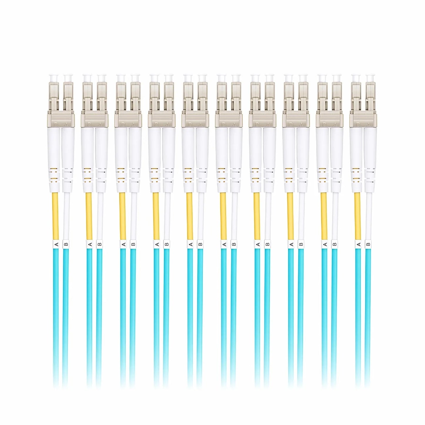 1m (3ft) Fiber Patch Cable, 2 Fibers, LC UPC Duplex to LC UPC Duplex, Multimode (OM3), Riser (OFNR), 2.0mm, Tight-Buffered, Aqua, 10 Pcs/Pack