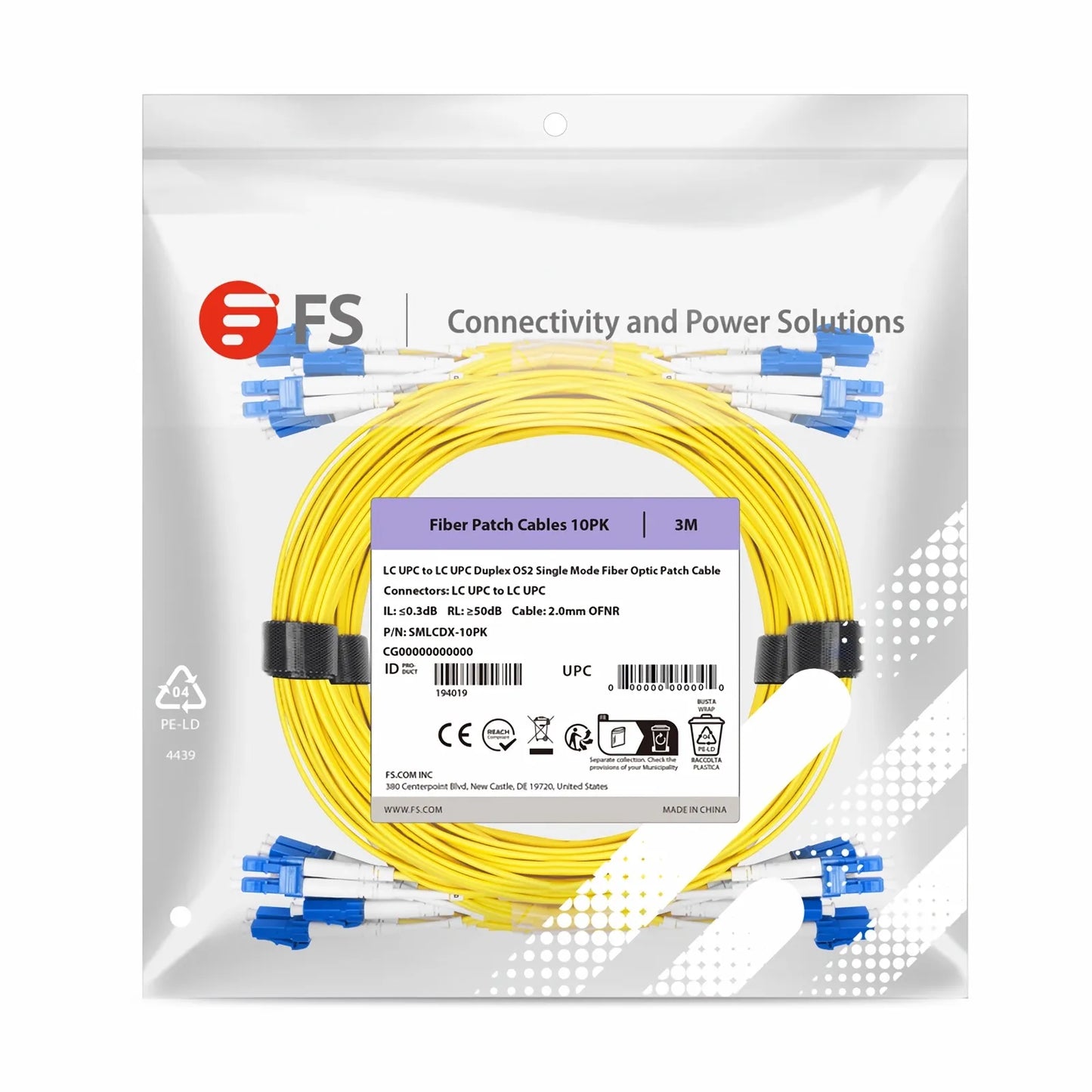 3m (10ft) Fiber Patch Cable, 2 Fibers, LC UPC Duplex to LC UPC Duplex, Single Mode (OS2), Riser (OFNR), 2.0mm, Tight-Buffered, Yellow, 10 Pcs/Pack