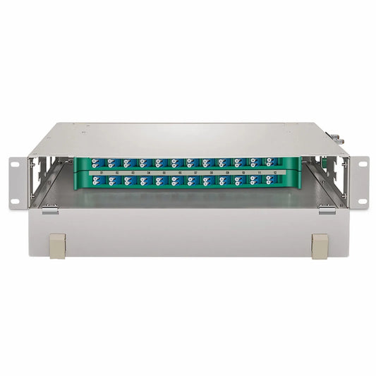2U Rack Mount Fiber Optic Distribution Panel, 48 Fibers OS2 Single Mode, 24 x LC UPC Duplex (Blue) Adapter