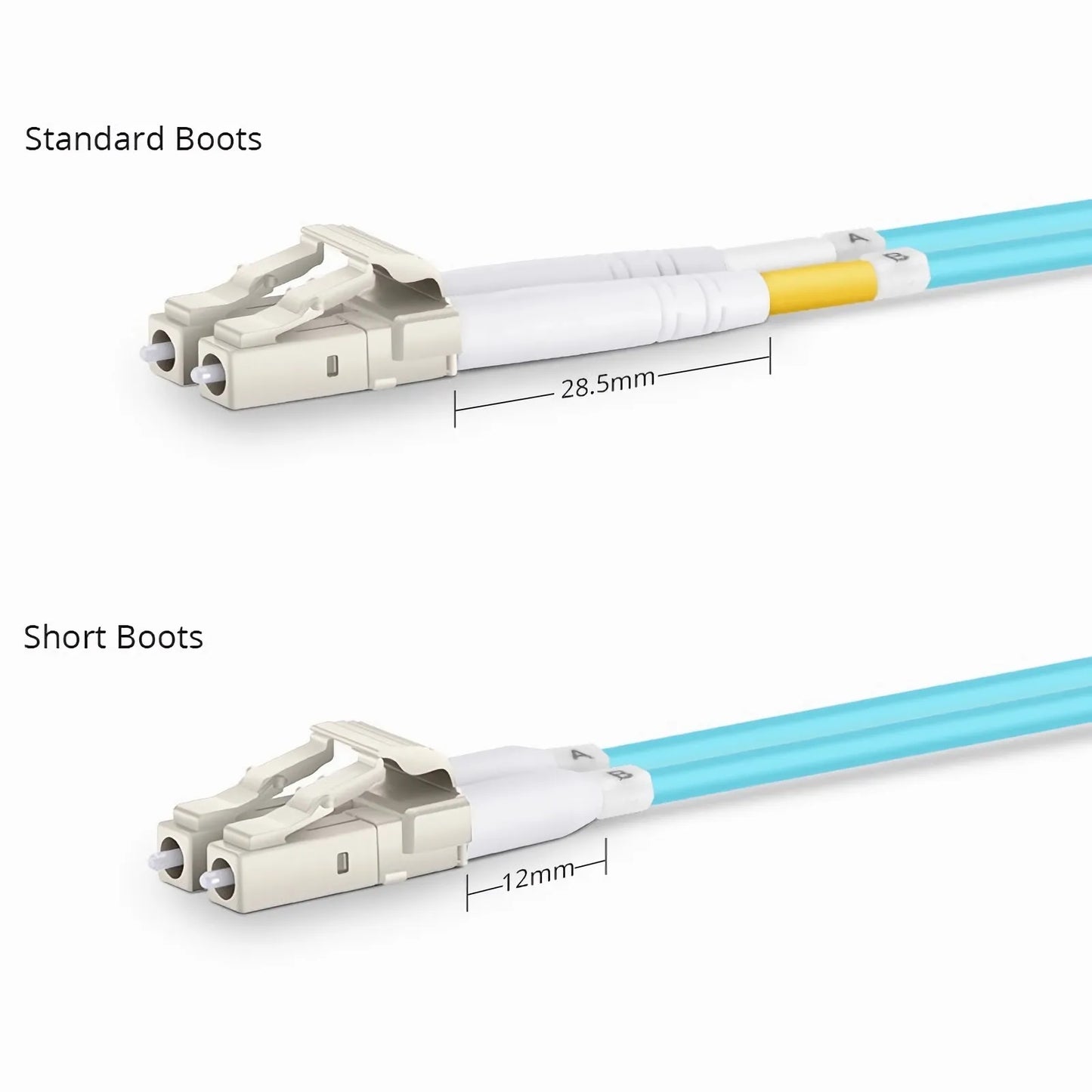 2m (7ft) Fiber Patch Cable, 2 Fibers, Short Boot, LC UPC Duplex to LC UPC Duplex, Multimode (OM3), Riser (OFNR), 2.0mm, Tight-Buffered, Aqua