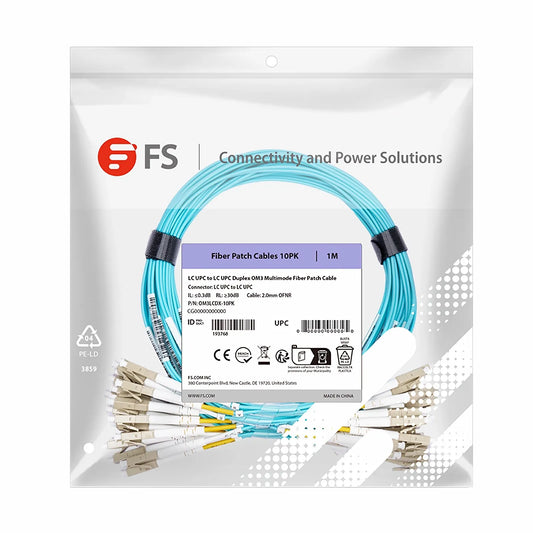 1m (3ft) Fiber Patch Cable, 2 Fibers, LC UPC Duplex to LC UPC Duplex, Multimode (OM3), Riser (OFNR), 2.0mm, Tight-Buffered, Aqua, 10 Pcs/Pack