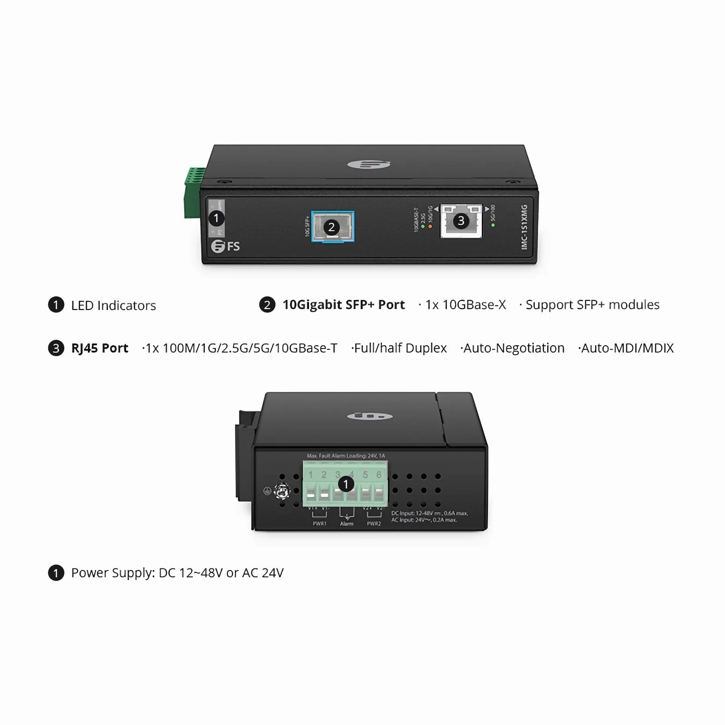 Industrial 1x 100M/1G/2.5G/5G/10GBase-T RJ45 to 1x 10GBase-X SFP+ 10Gigabit Ethernet Media Converter