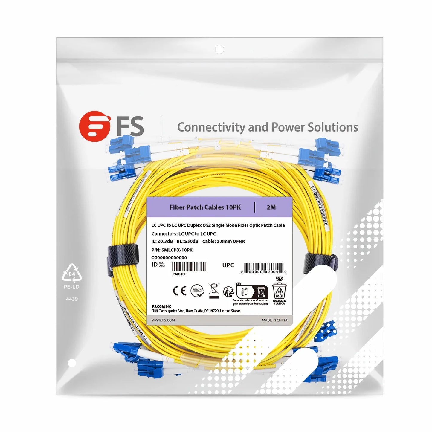 2m (7ft) Fiber Patch Cable, 2 Fibers, LC UPC Duplex to LC UPC Duplex, Single Mode (OS2), Riser (OFNR), 2.0mm, Tight-Buffered, Yellow, 10 Pcs/Pack