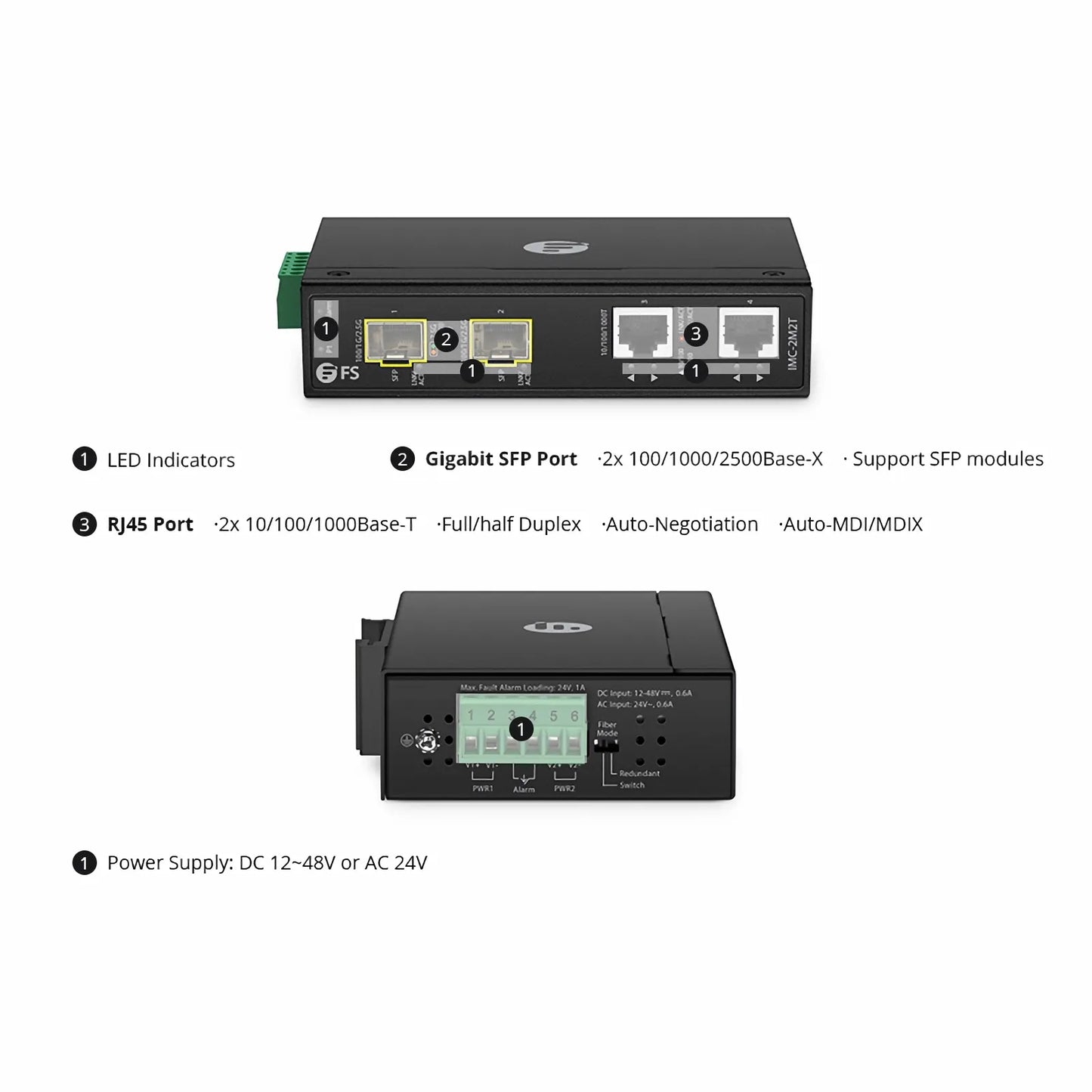 Industrial Unmanaged 2 x 10/100/1000Base-T RJ45 to 2 x 100/1000/2500Base-X SFP Gigabit Ethernet Media Converter