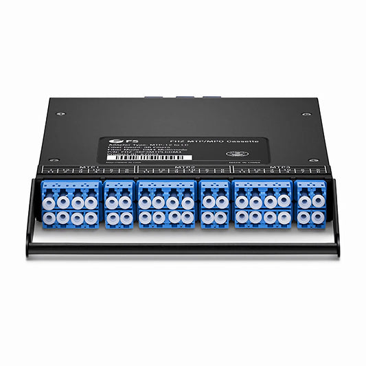 FHZ™ MTP®-LC Cassette, OS2 Singlemode, Universal, 36 Fibers, 3 x MTP®-12 (Male) to 6 x LC Duplex and 6 x LC Quad (Blue), 0.35dB Max.