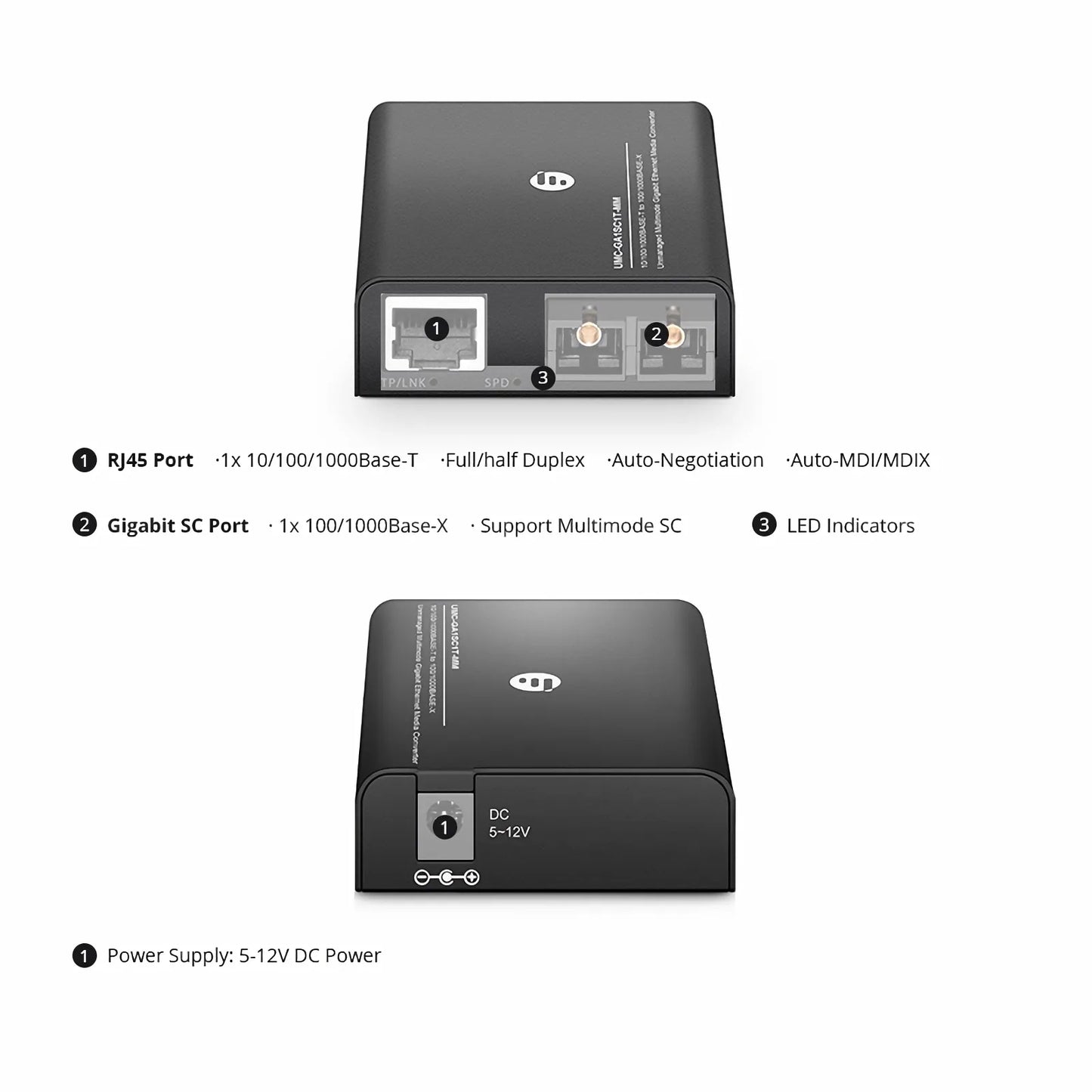 Mini Unmanaged 1x 10/100/1000Base-T RJ45 to 1x 100/1000Base-X Multimode SC 850nm 220/550m Gigabit Ethernet Media Converter, European Plug Standard