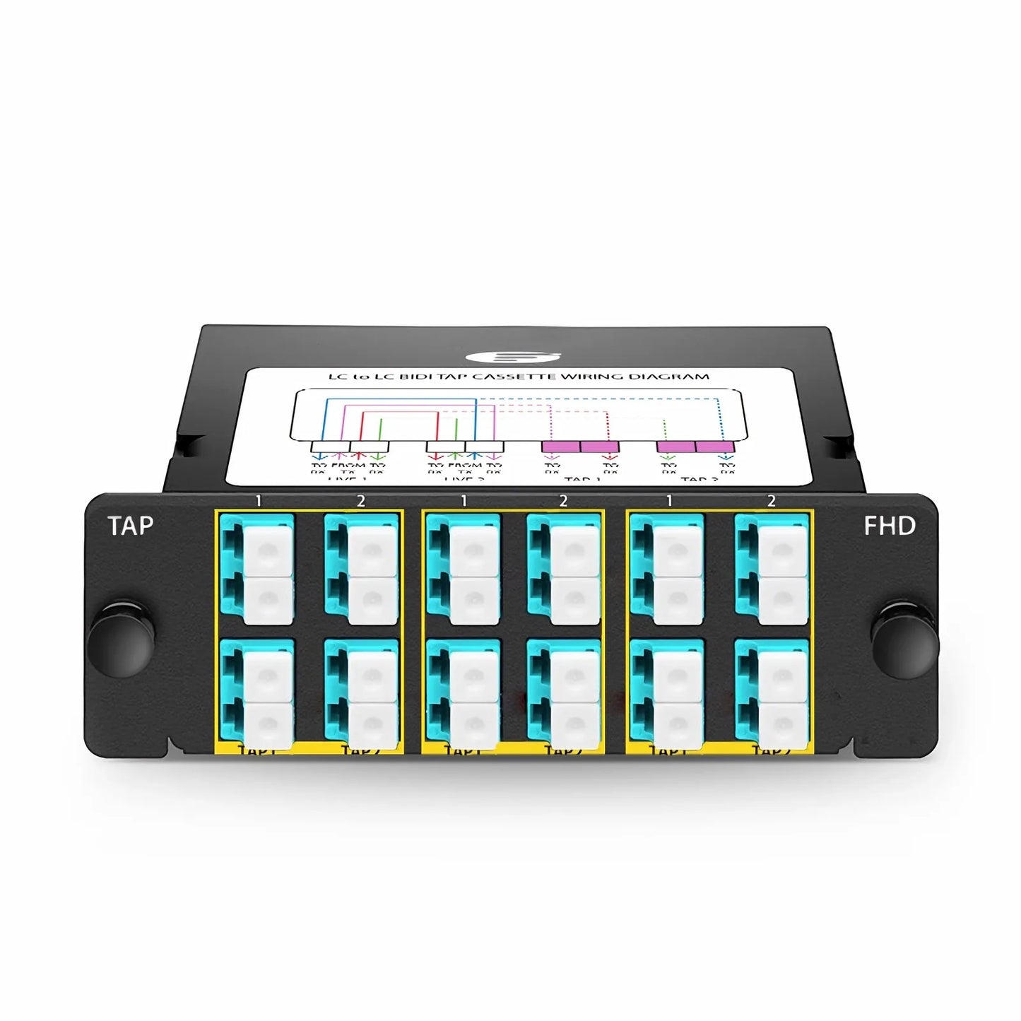 FHD™ BIDI LC TAP Cassette, OM4 Multimode, 6 x LC Duplex Live Ports, 6 x LC Duplex TAP Ports, 50/50 Split Ratio (Live/TAP), 40G